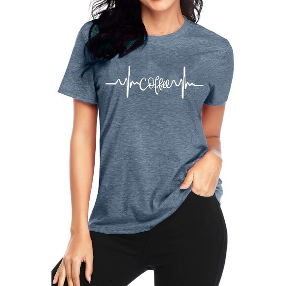 🆕Women Coffee Graphic Print Shirt Casual Summer Short Sleeve T-Shirt Blue - Picture 1 of 7